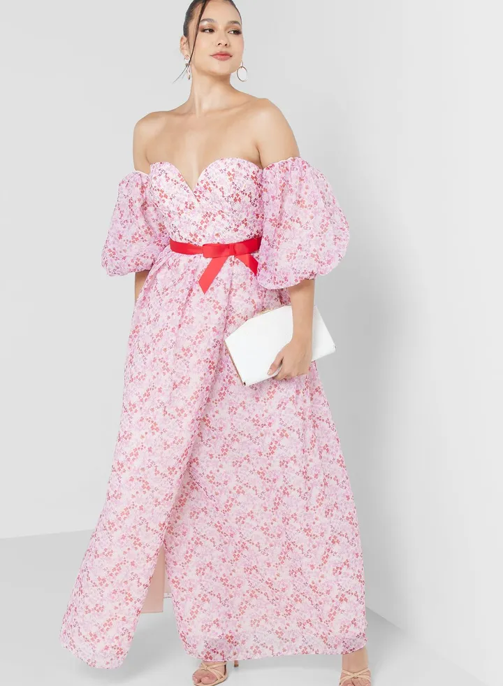 Printed Puff Sleeve Tie Detail Dress