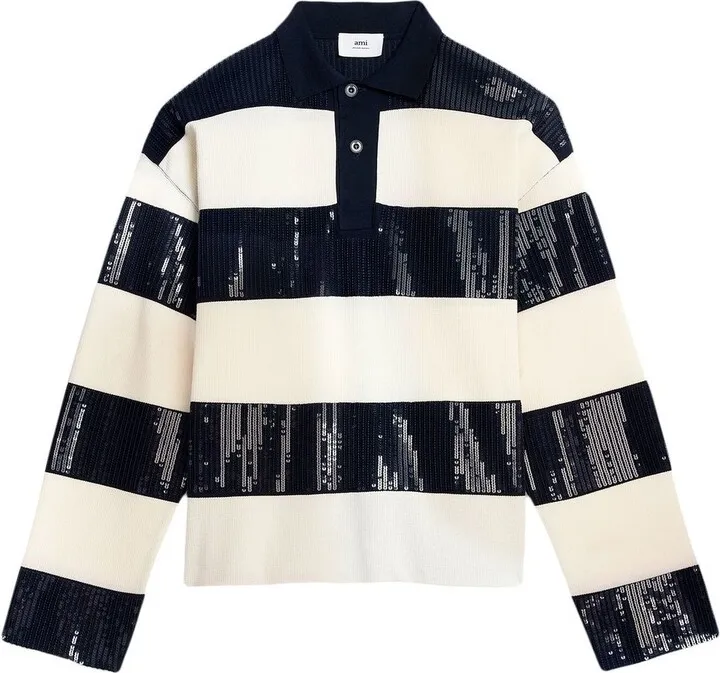 Stripe Sequin-Embellished Polo Shirt