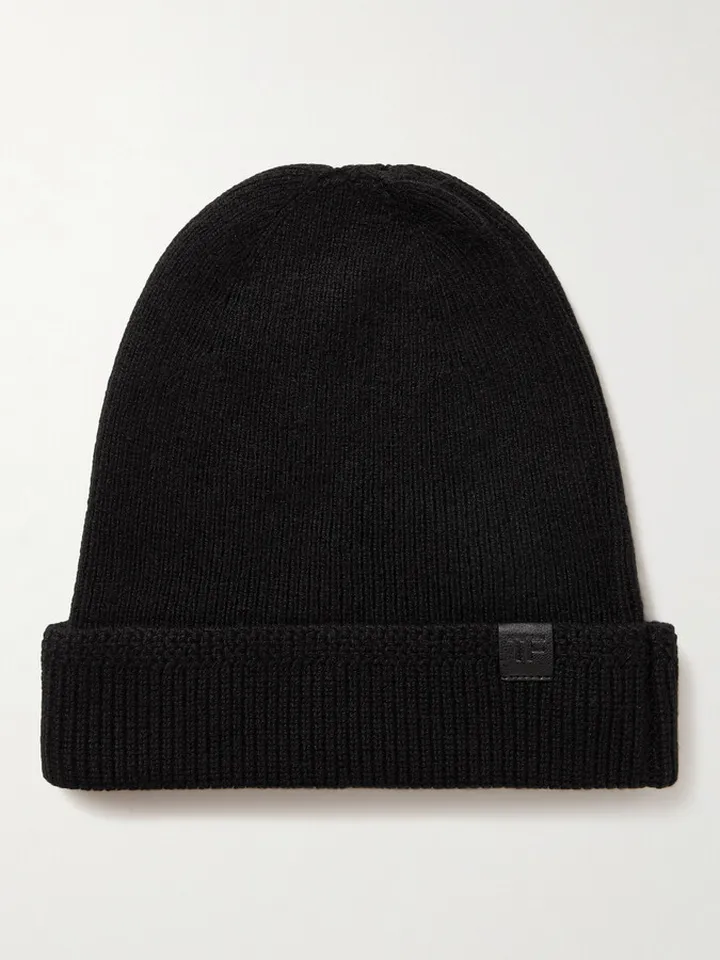 Leather-Trimmed Ribbed Cashmere Beanie