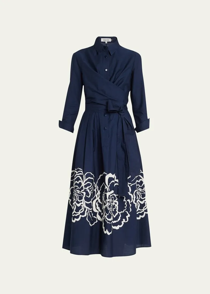 Floral-Print Wrap Cotton Midi Dress