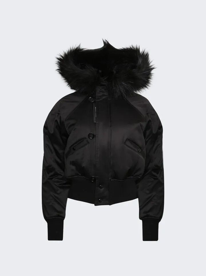 Bomber Jacket in Satin and Animal Free Fur Black