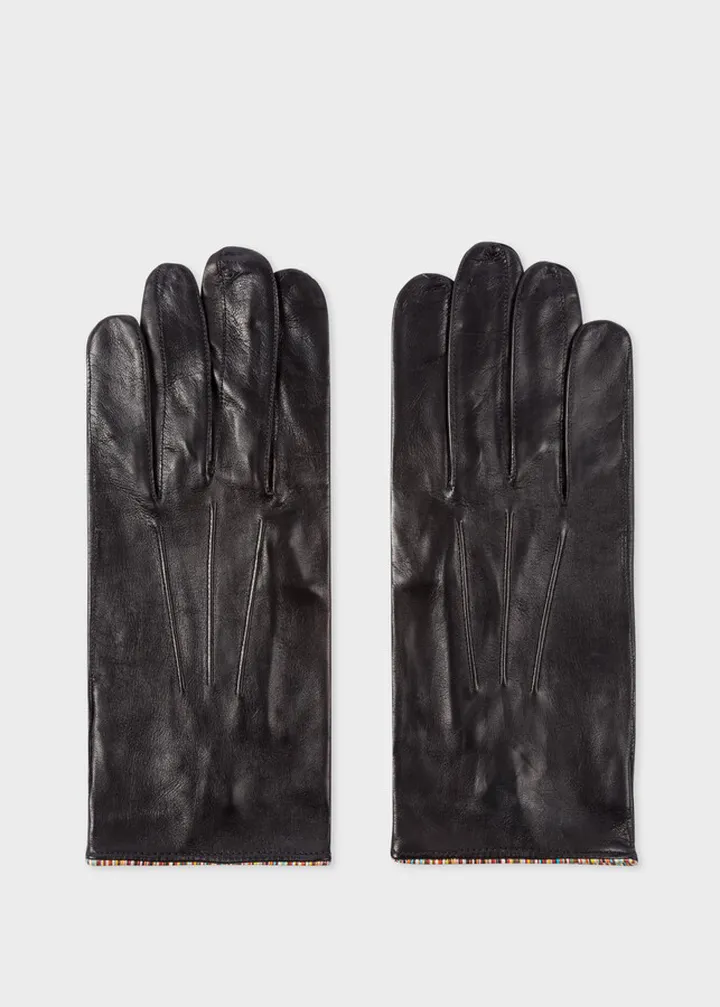 Black Leather Gloves With 'Signature Stripe' Piping