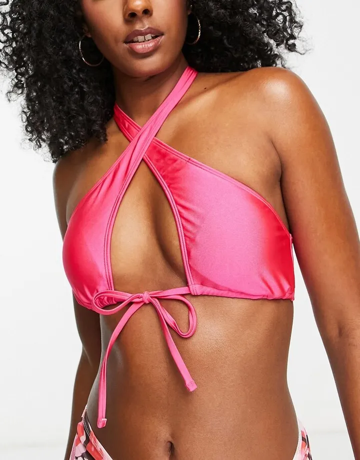 New Look halter neck bikini top in bright pink