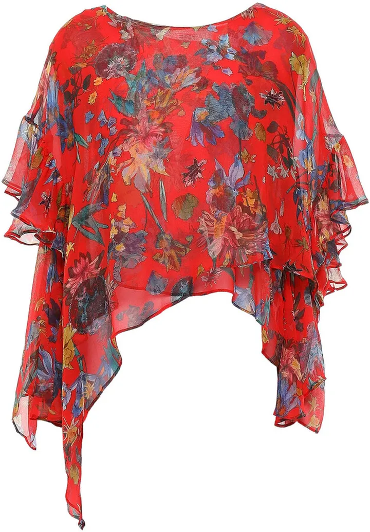 Yellow asymmetric ruffled floral-print silk-georgette blouse