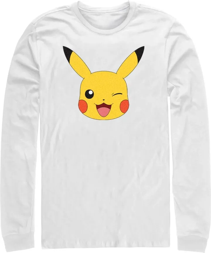 Men's Pokemon Pikachu Wink Face Long Sleeve Shirt - White - X Large