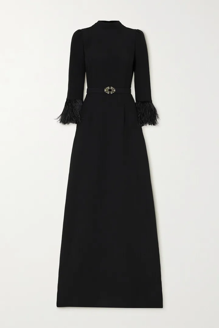 Andrew Gn - Belted Crystal And Feather-embellished Crepe Gown - Black