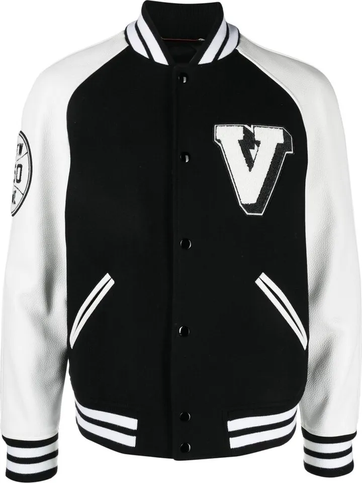 Logo-Patch Leather Sleeve Bomber Jacket