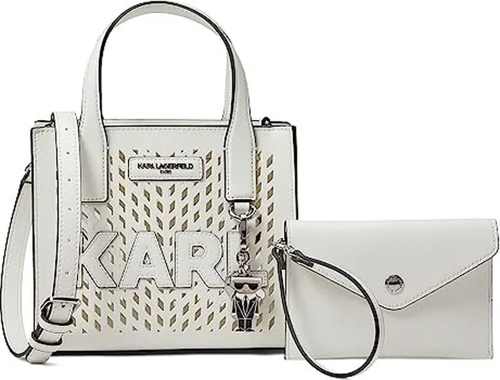 Karl Lagerfeld Paris Nouveau Small Box Crossbody Tote (White Perf) Handbags