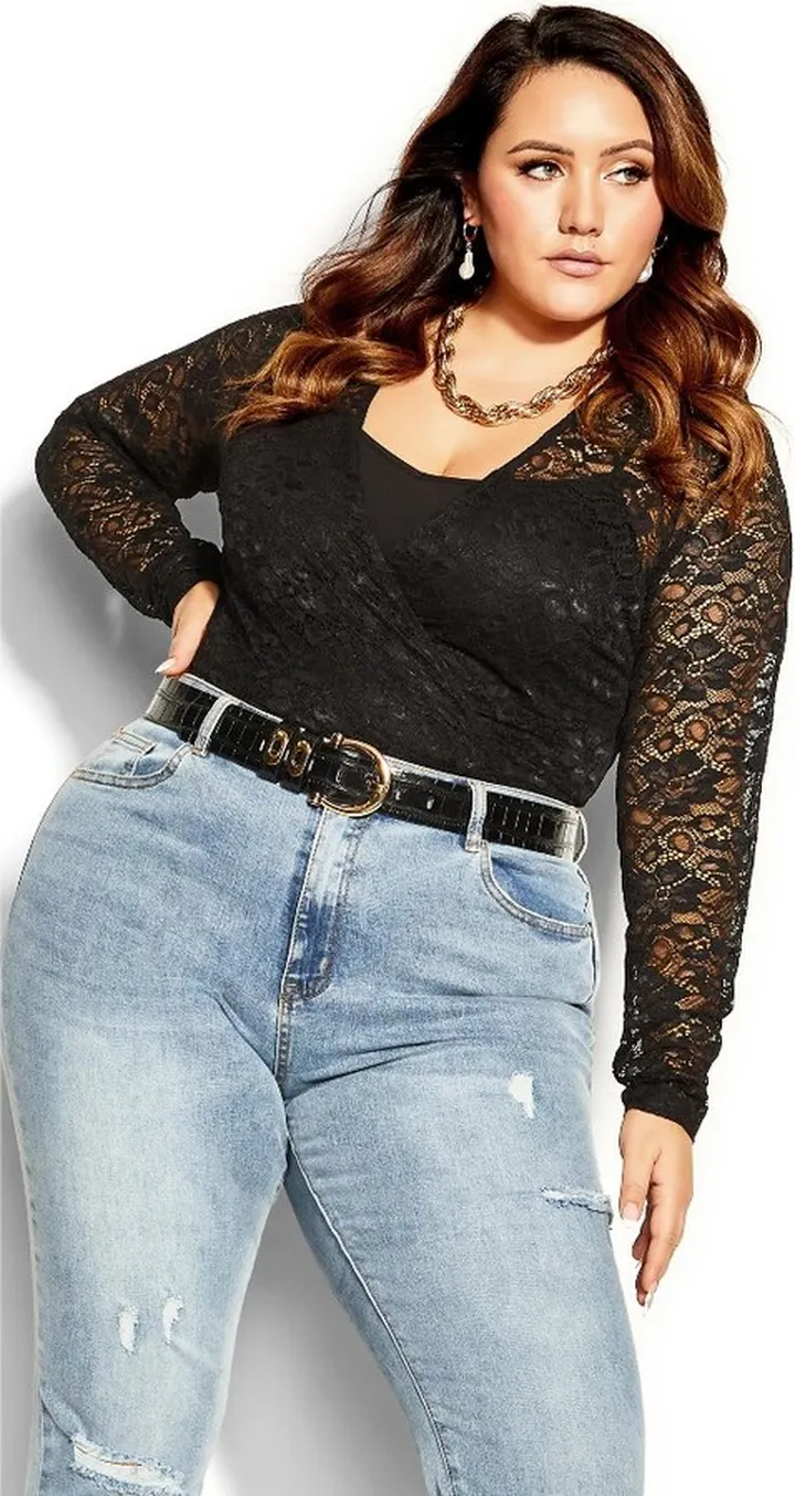 CITY CHIC| Women's Plus Size Long Sleeve Lace Bodysuit - black - 18W