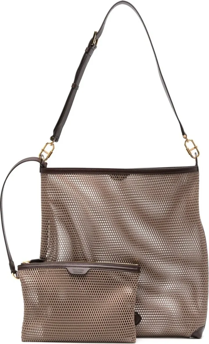 Leather-Trim Mesh Shoulder Bag