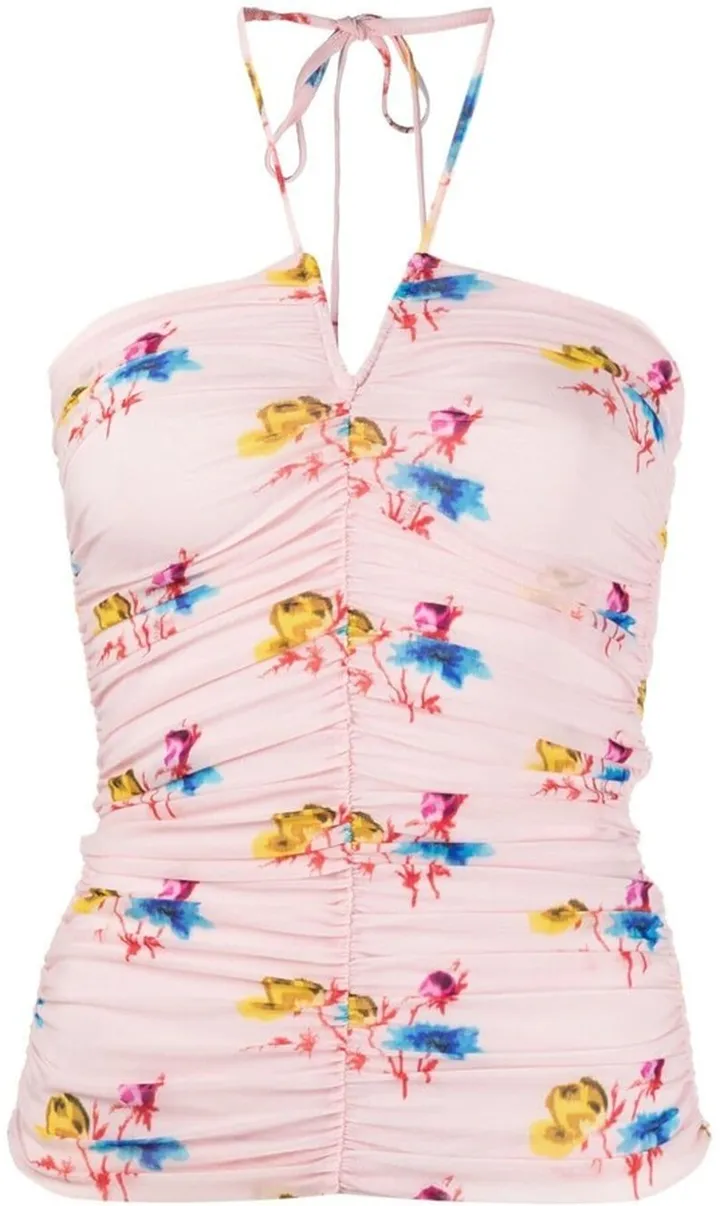 Ruched Mesh Floral Halterneck Top