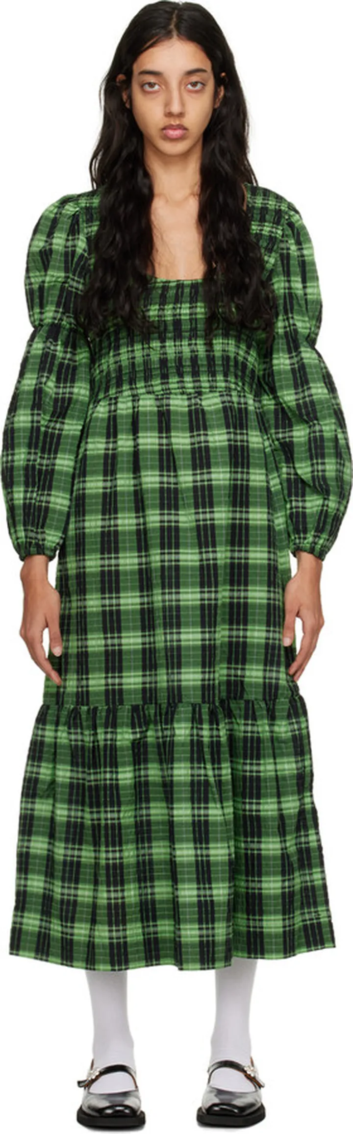 GANNI Green Check Midi Dress