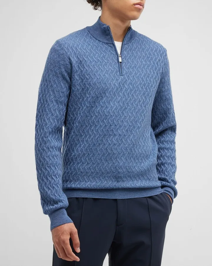 Men's Lambswool Basketweave Quarter-Zip Sweater