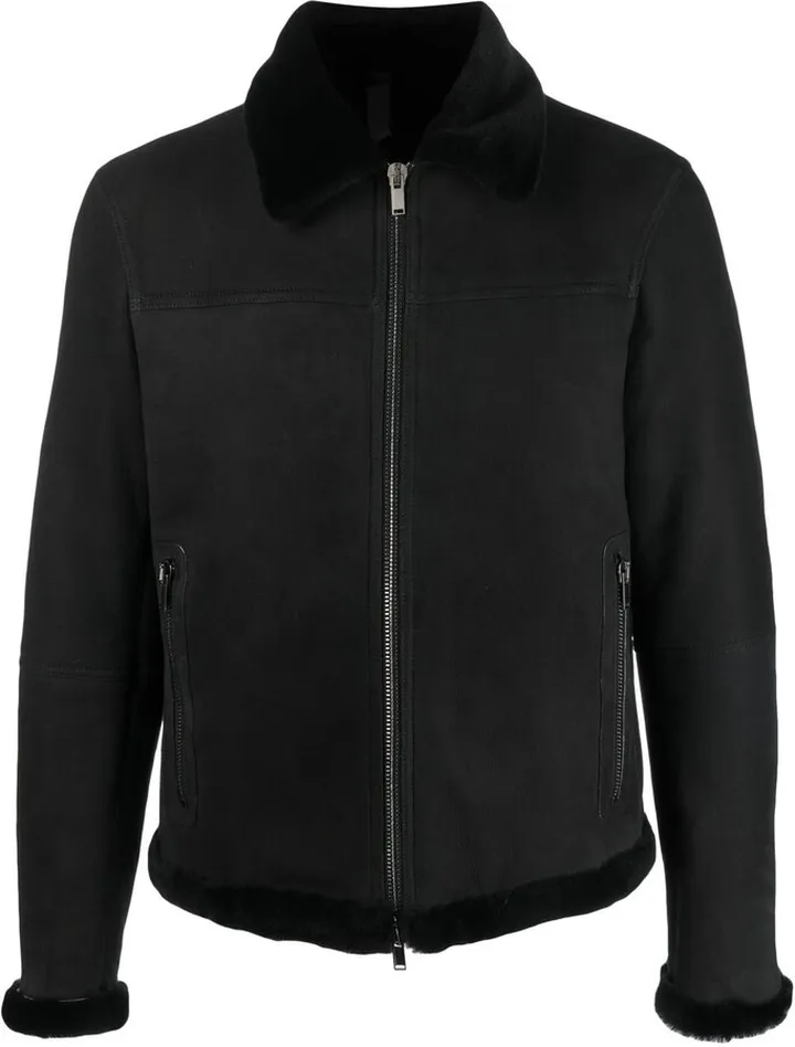 Shearling-Trim Zip-Up Suede Jacket