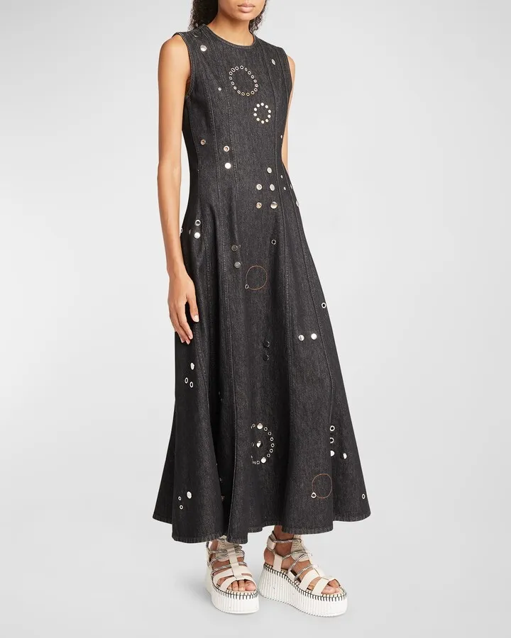 Denim Maxi Dress With Grommet Embellishments