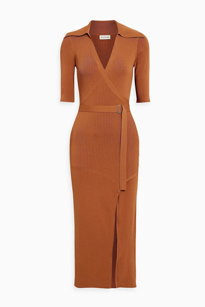 Joanna belted wrap-effect ribbed-knit midi dress