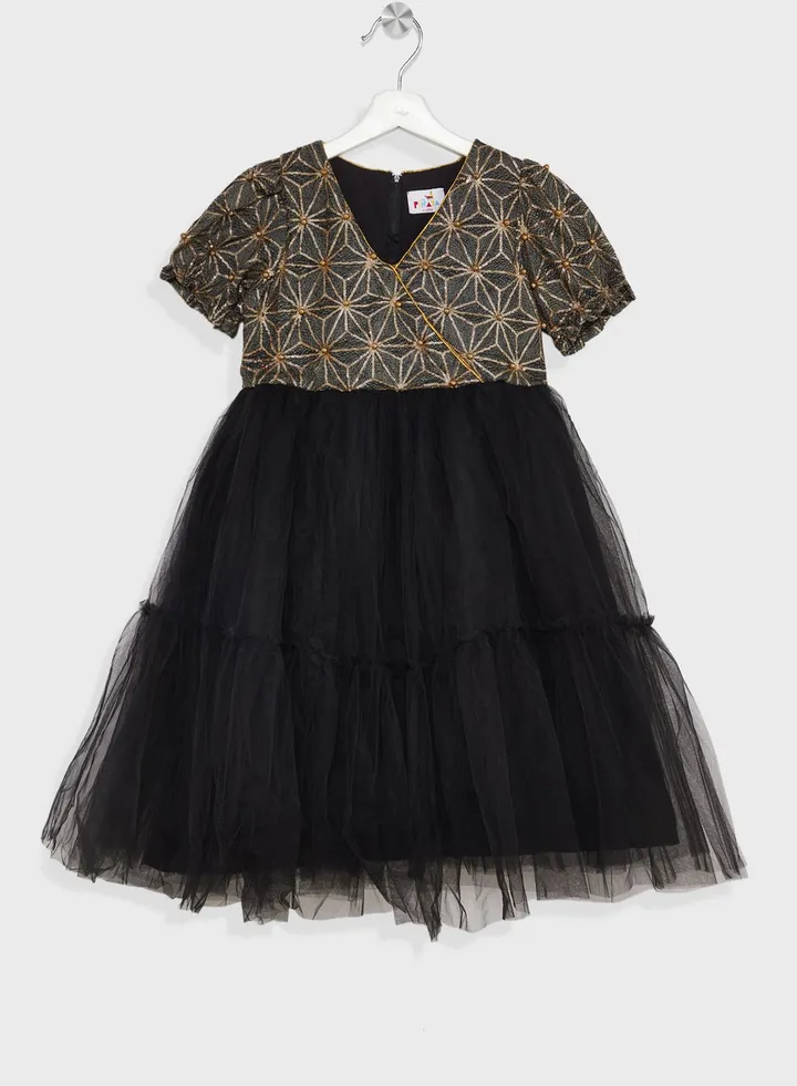 Girls Golden Pearl Sequins Tulle Evening Dress