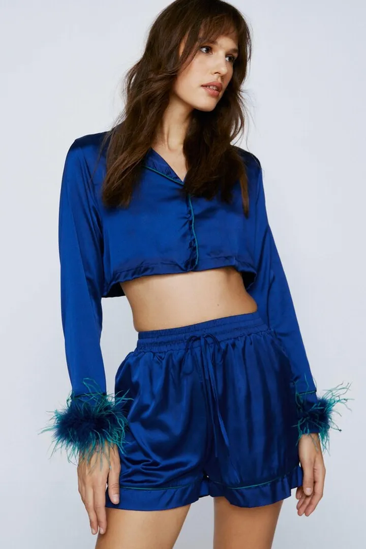 Nasty Gal Womens Ombre Feather Cropped Shirt And Short Pj Set