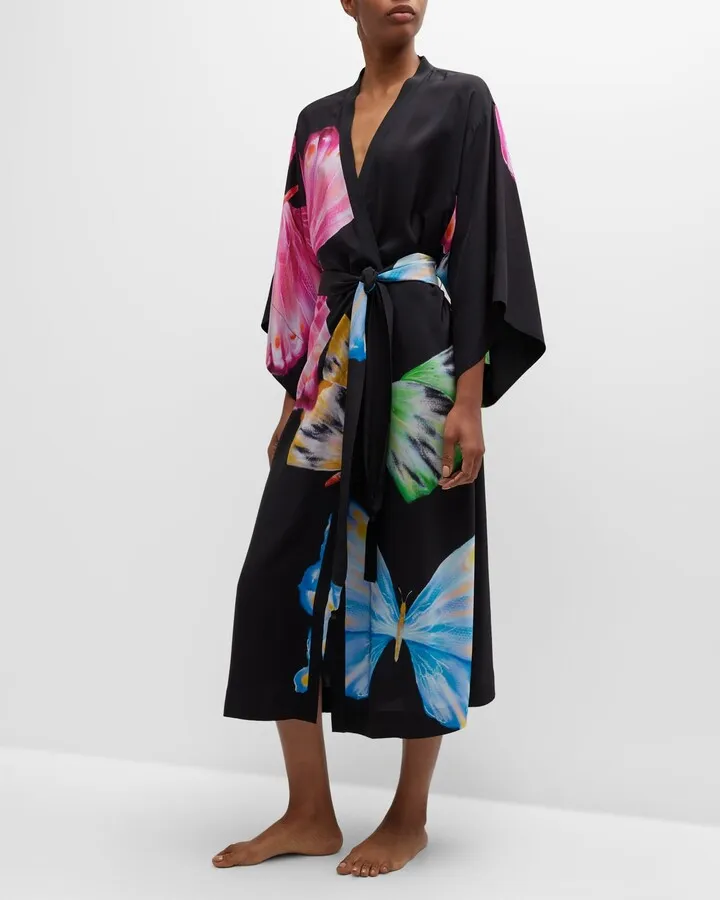 Kyoko Butterfly-Print Kimono-Sleeve Silk Robe