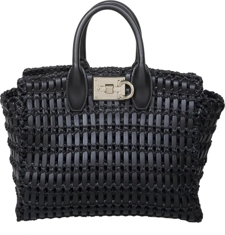 Salvatore Studio Box Handbag In Leather And Raffia