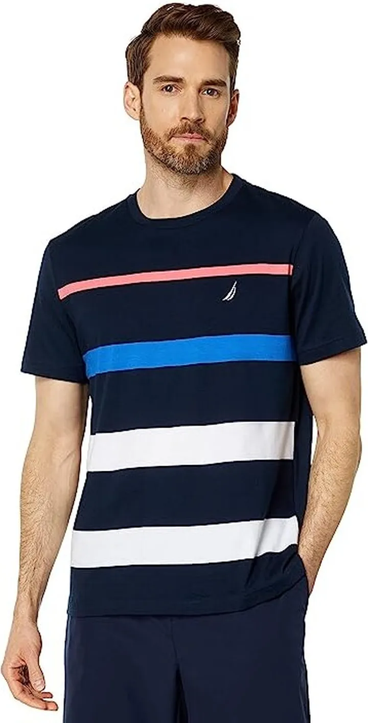 Nautica Striped Crew Neck T-Shirt (Navy) Men's Clothing