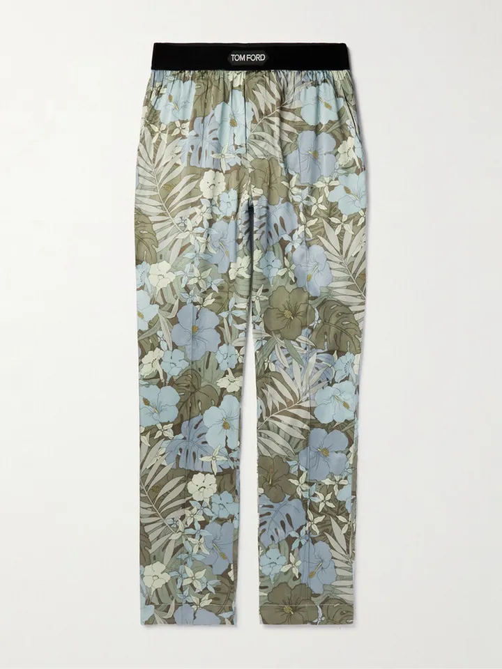 Velvet-Trimmed Printed Stretch-Silk Satin Pyjama Trousers