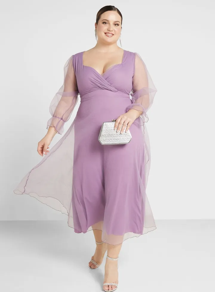 Mesh Balloon Sleeve Fit & Flare Dress