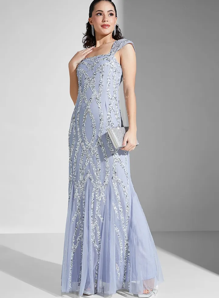 Embellished Mesh Tiered Dress