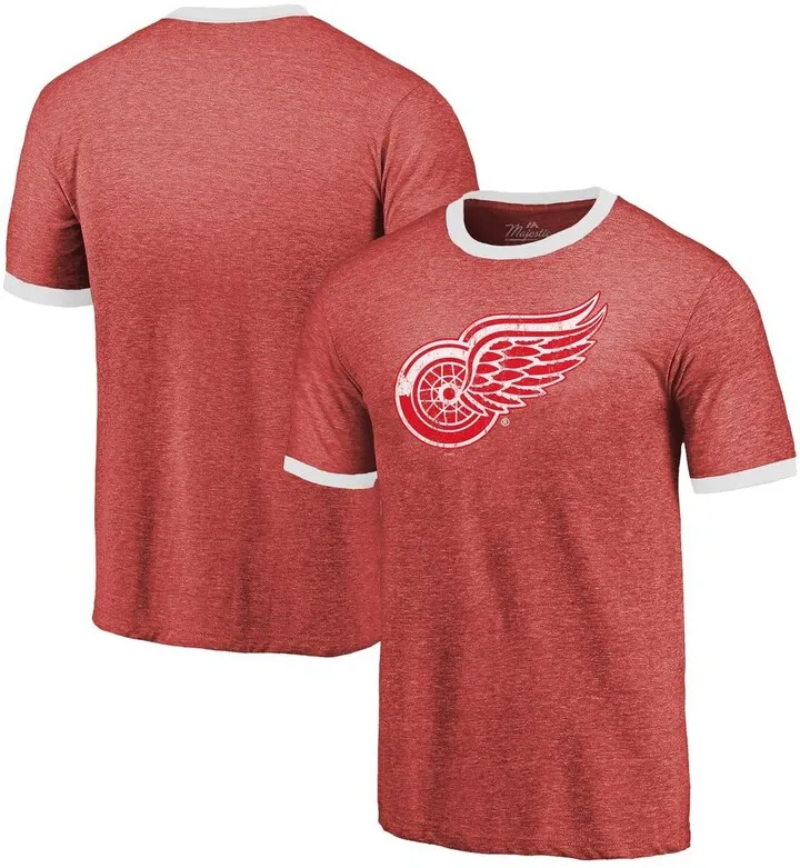 Men's Majestic Threads Heathered Red Detroit Red Wings Ringer Contrast Tri-Blend T-shirt