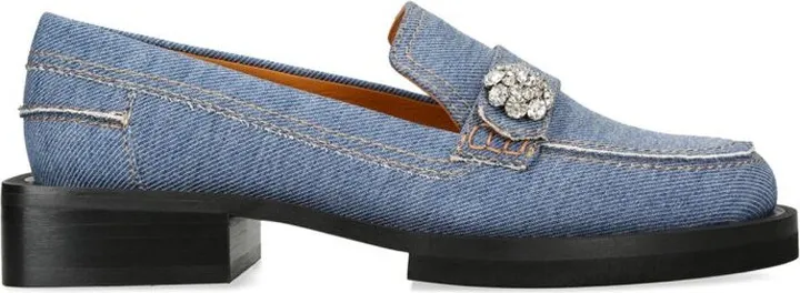 Ganni Denim Jewel-Embellished Loafers