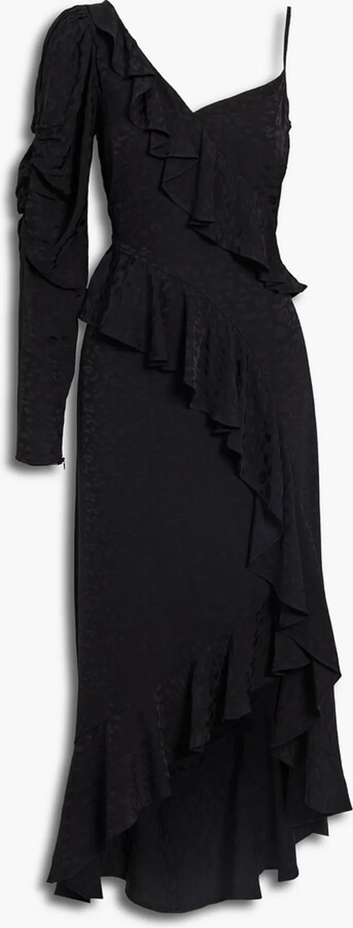 One-sleeve ruffled leopard-jacquard midi dress