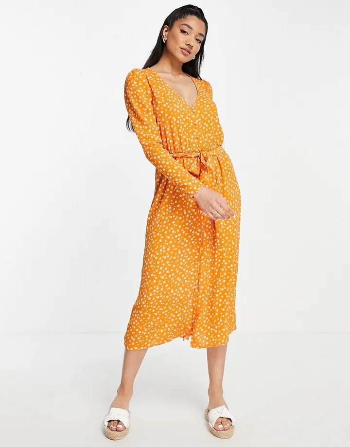 Monki long sleeve tie front midi dress in orange daisy floral