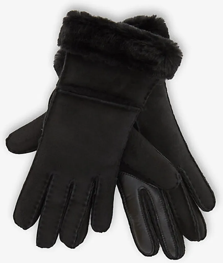 Ugg Womens Black Tech Logo-embroidered Leather and hearling Gloves
