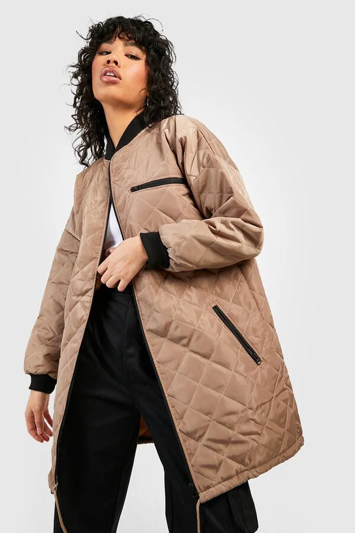 Diamond Quilted Longline Bomber Jacket