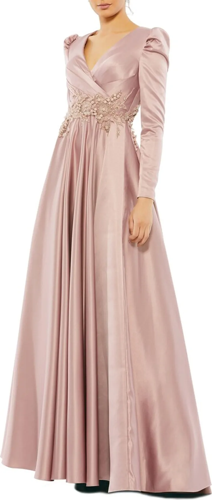 Beaded Long Sleeve Satin A-Line Gown