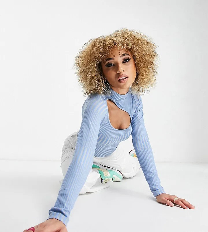 ASYOU ribbed cut away polo top in blue