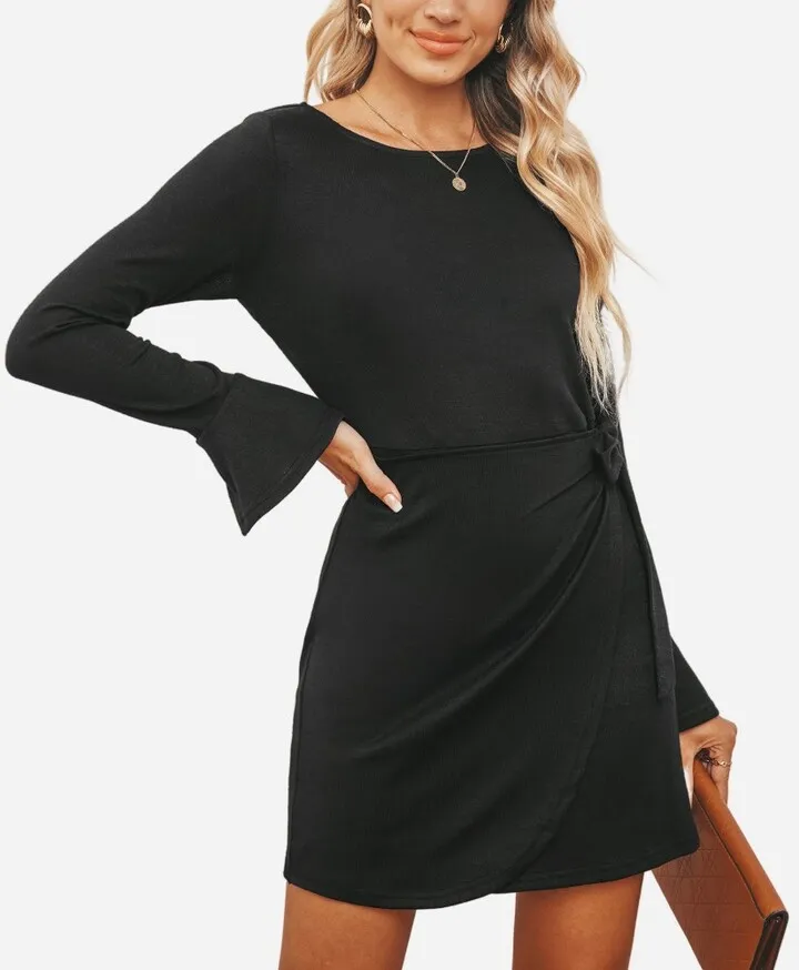 Women's Trumpet Sleeve Self Tie Mini Dress - Cupshe -Black-L