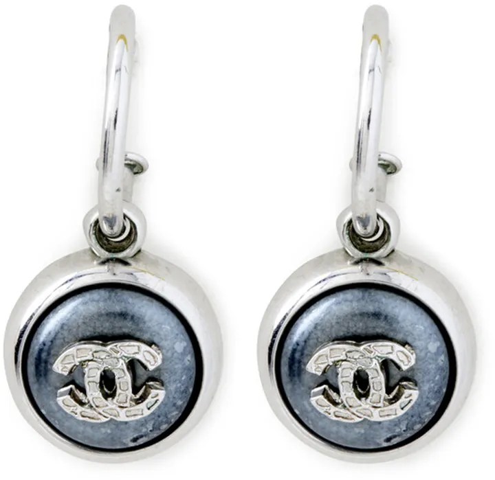 Vintage Grey and Silver CC Logo Round Huggie Earrings