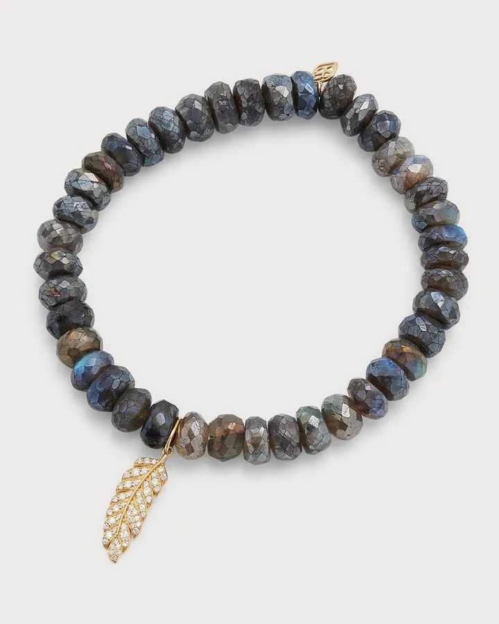 8mm Mystic Labradorite Faceted Rondelle Bracelet with Diamond Feather Charm