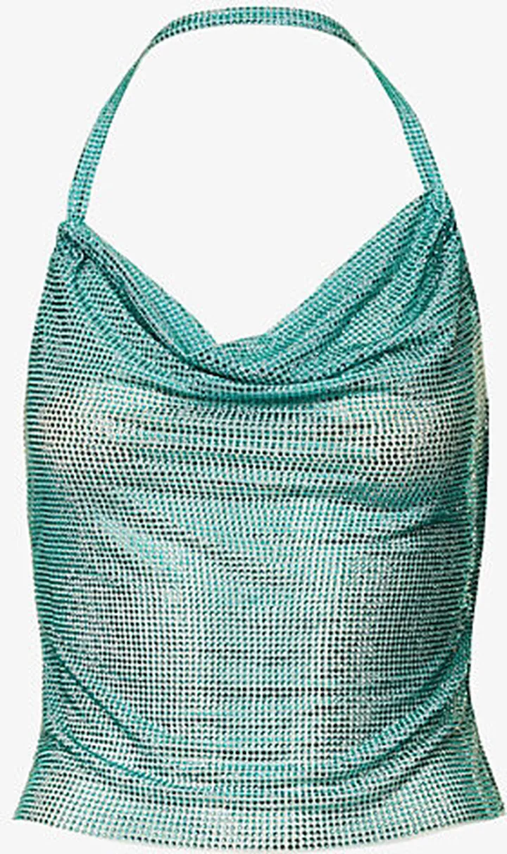Womens Blue Zircon Halterneck Crystal-embellished Stretch-woven top