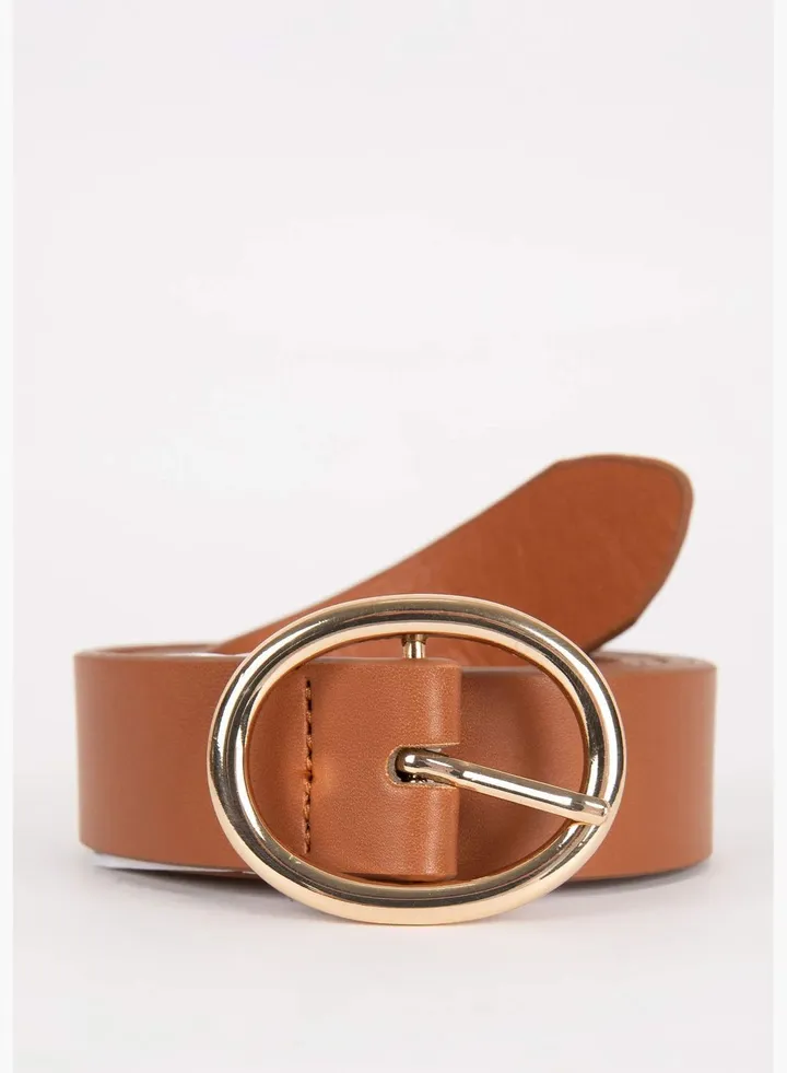 Woman Oval Buckle Faux Leather Jean Belt
