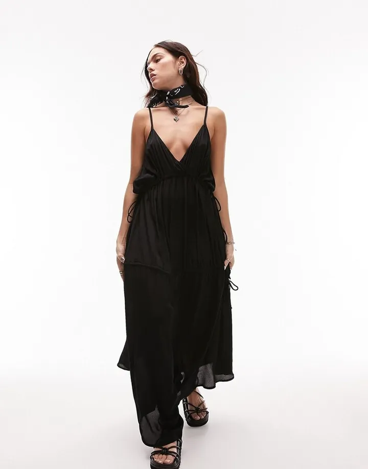 Topshop ruched tie side maxi beach dress in black