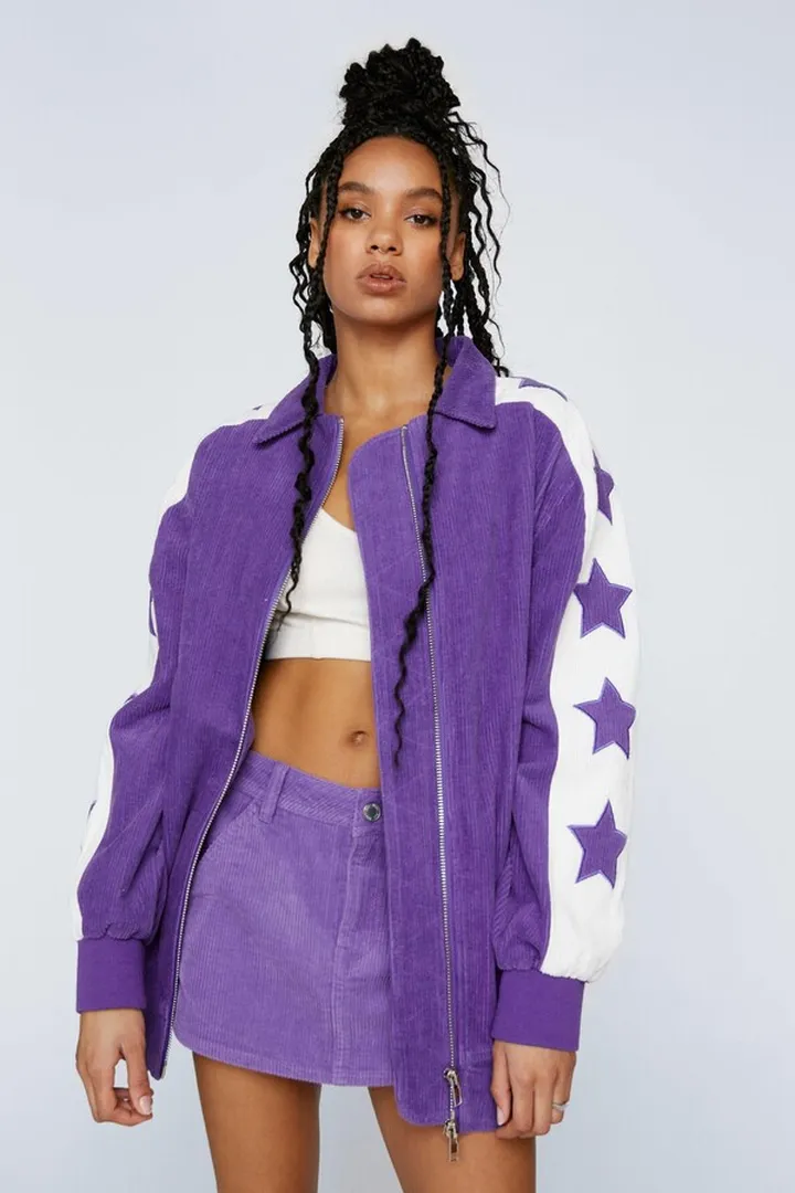 Nasty Gal Womens Cord Star Detail Oversized Bomber Jacket