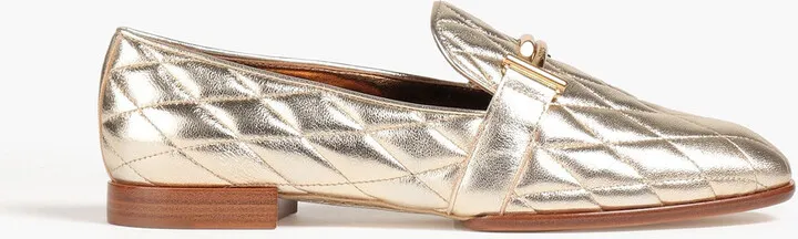 Embellished metallic quilted leather loafers