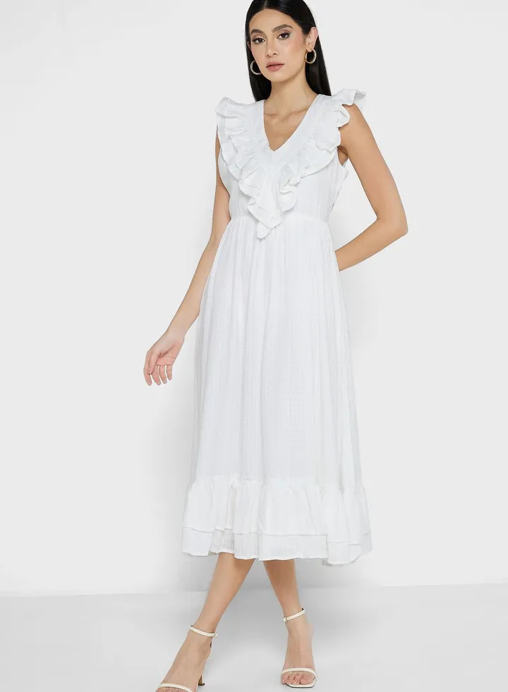 V-Neck Ruffle Detail Dress