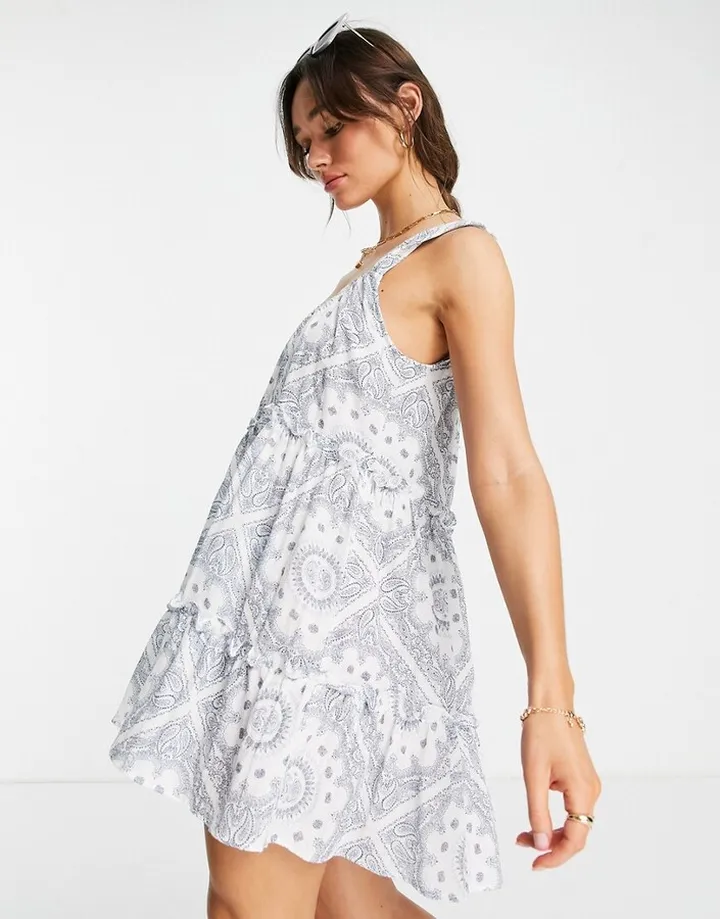 ASOS DESIGN button detail trapeze tiered double cloth mini sundress in bandana print