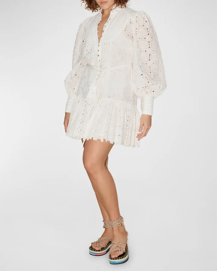 Evie Broderie Balloon-Sleeve Mini Shirtdress