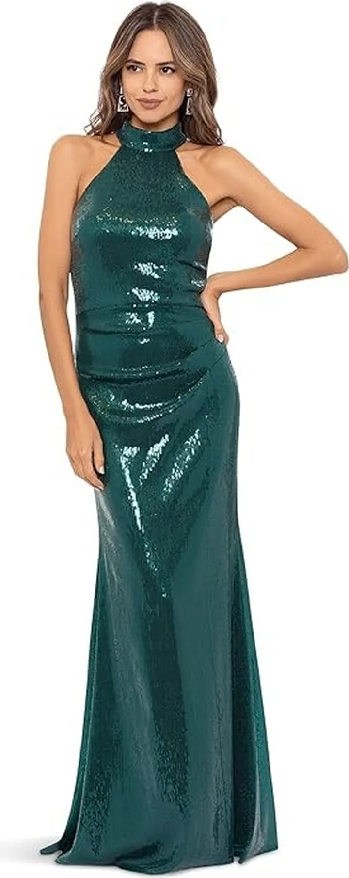 Betsy & Adam Long Sequin Mock Neck T-Back Gown (Emerald) Women's Clothing