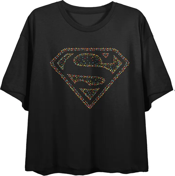 Superman Shield Dotted Colors Crew Neck Short Sleeve Black Women’s Crop T-shirt-XL