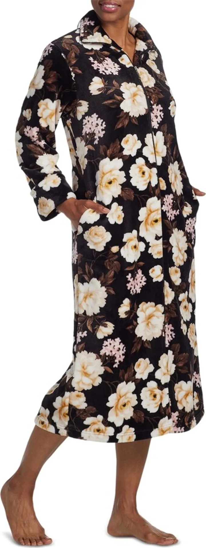 Miss Elaine Petite Floral-Print Long-Sleeve Zip-Up Robe